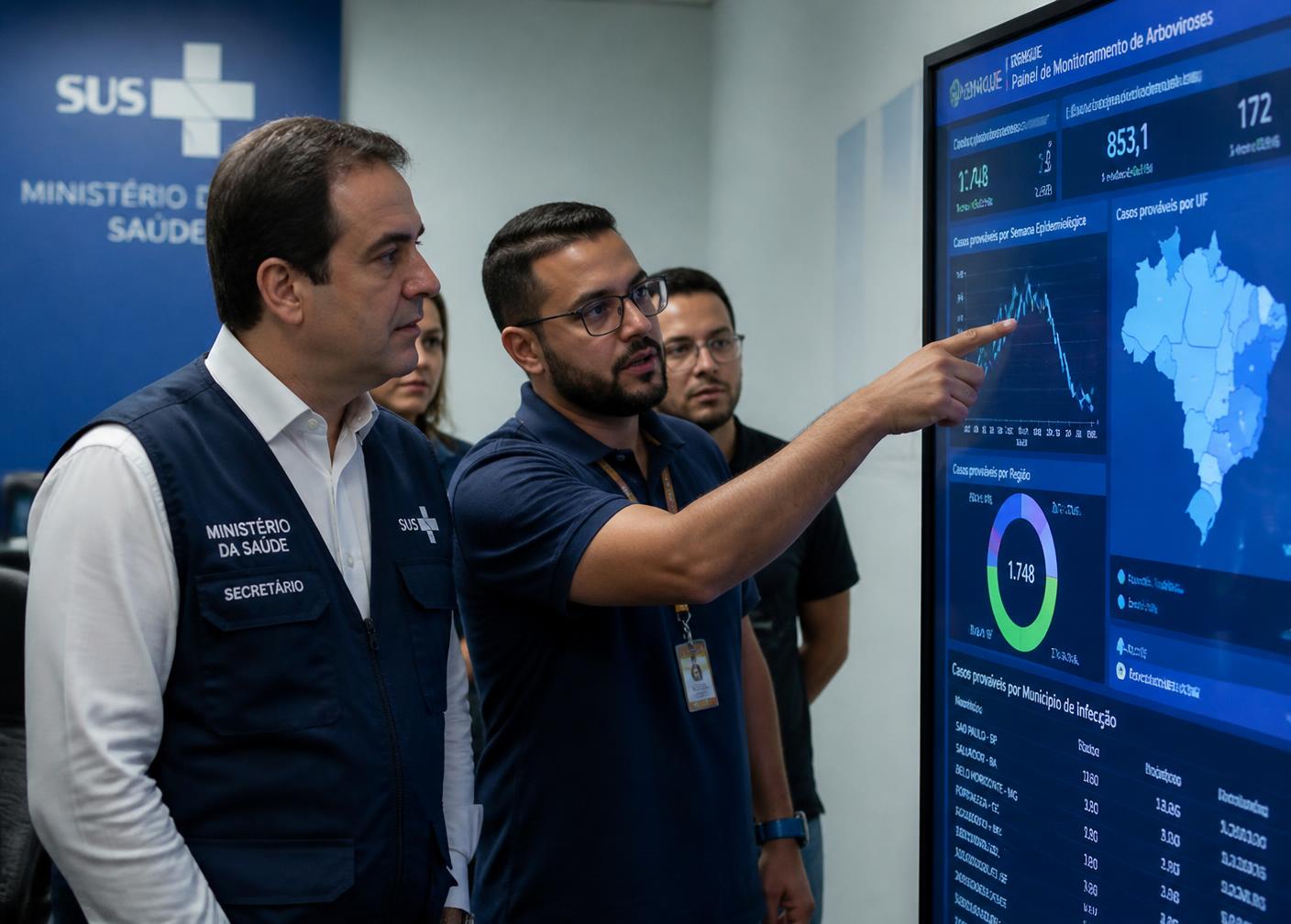 Gestores discutindo um painel de indicadores de saúde