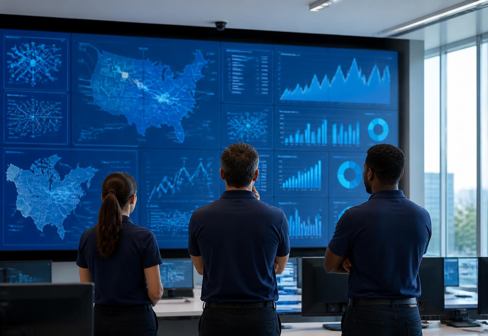 Equipe de gestão analisando indicadores de saúde em uma sala de situação